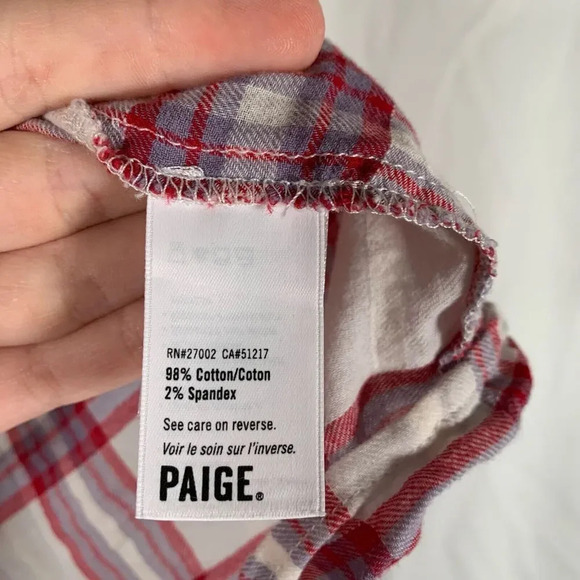 Paige Blouse Women’s Medium Plaid Short Sleeve Button Up Vneck Tie Top - Picture 6 of 9